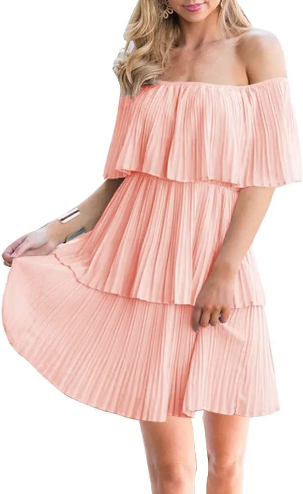 SAUKOLE Women's Casual Off The Shoulder Sleeveless Tiered Ruffle Pleated Short Party Beach Dress
