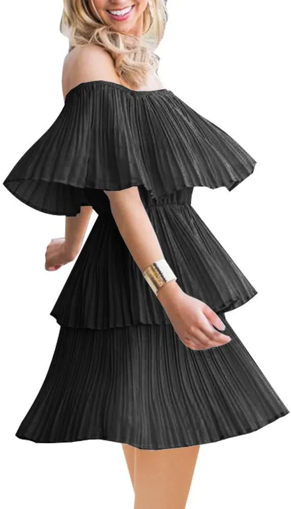 SAUKOLE Women's Casual Off The Shoulder Sleeveless Tiered Ruffle Pleated Short Party Beach Dress