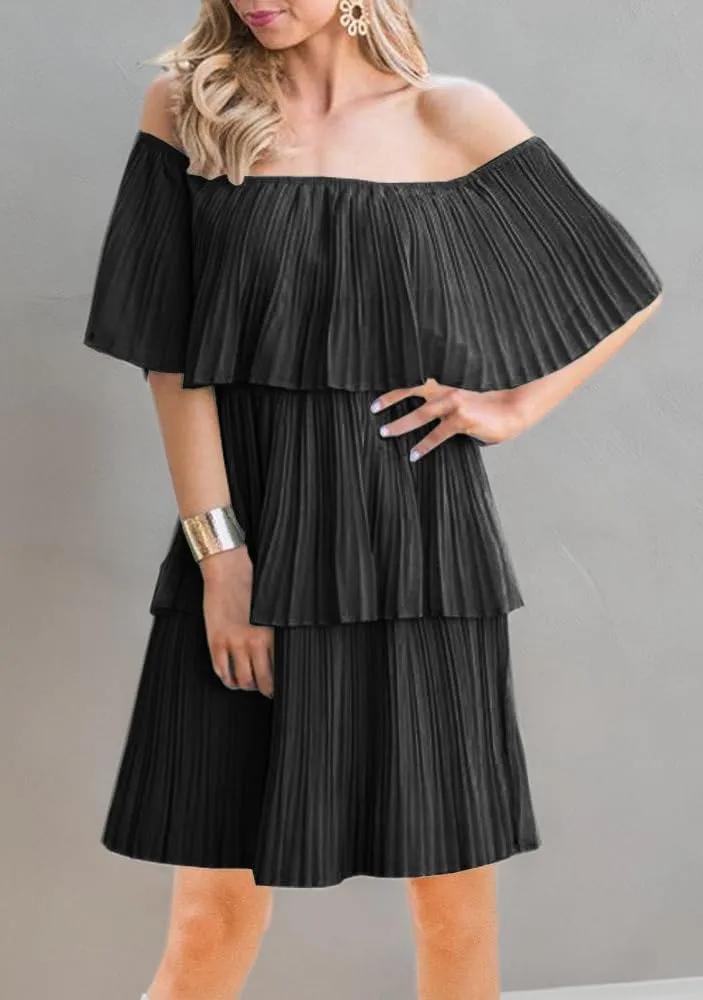 SAUKOLE Women's Casual Off The Shoulder Sleeveless Tiered Ruffle Pleated Short Party Beach Dress