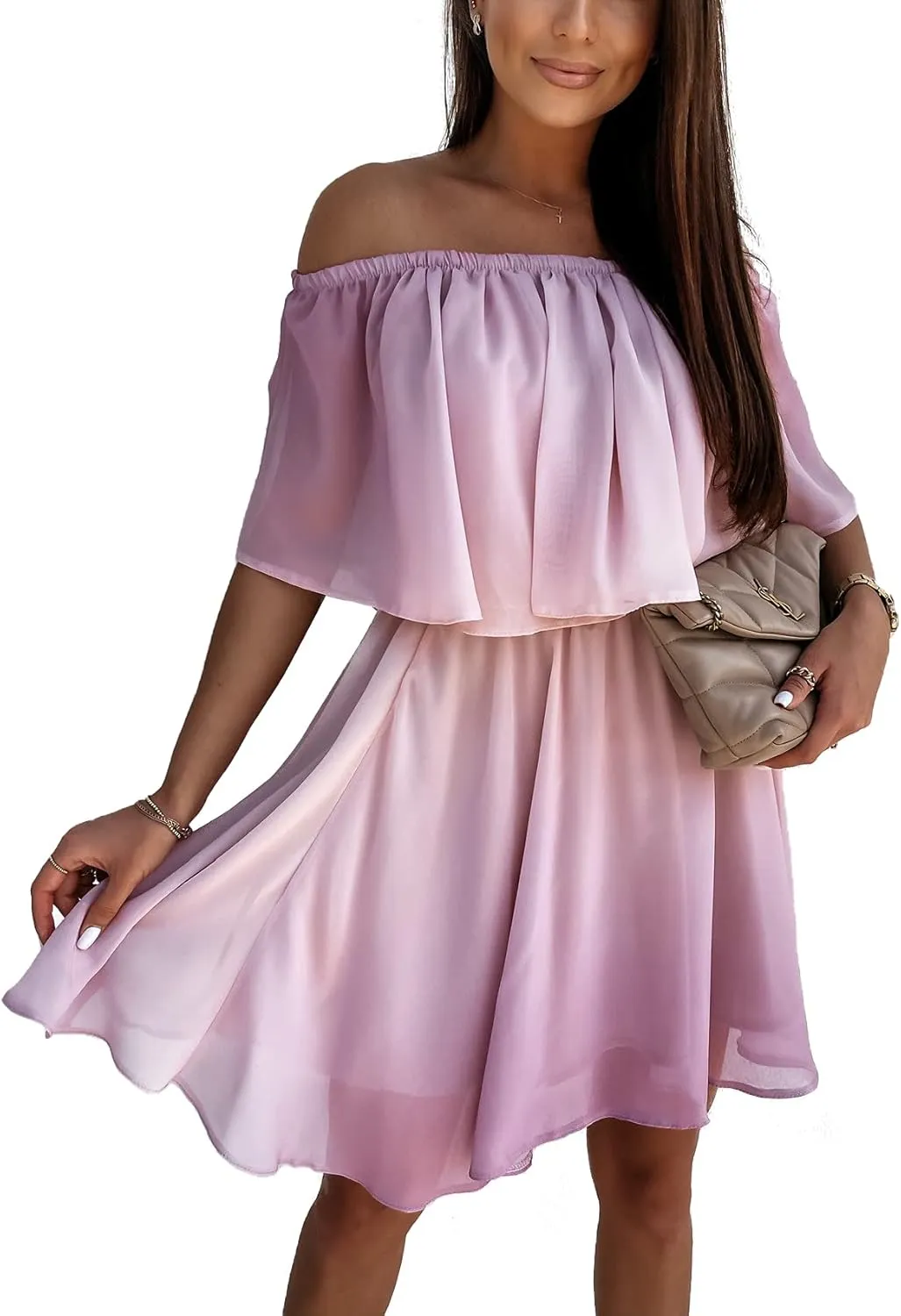 SAUKOLE Women's Casual Off The Shoulder Sleeveless Tiered Ruffle Pleated Short Party Beach Dress