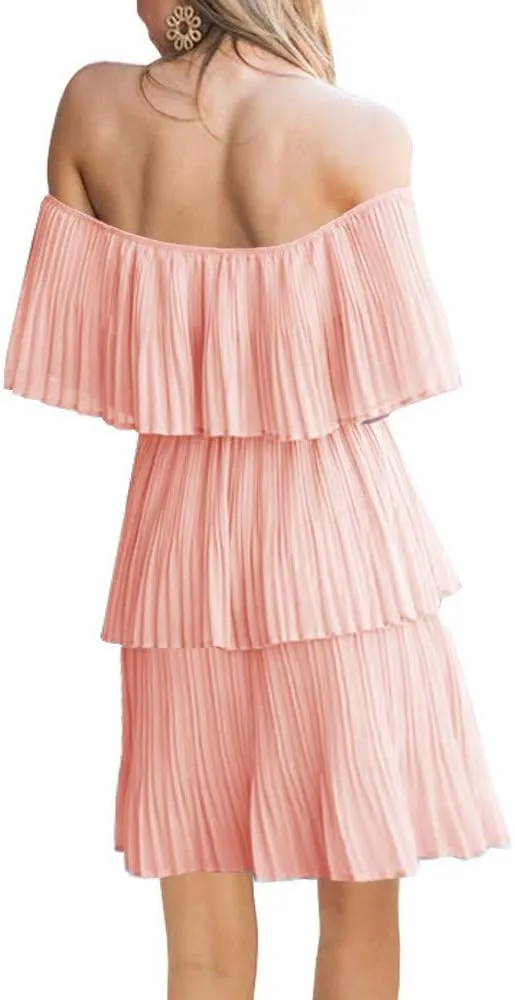 SAUKOLE Women's Casual Off The Shoulder Sleeveless Tiered Ruffle Pleated Short Party Beach Dress