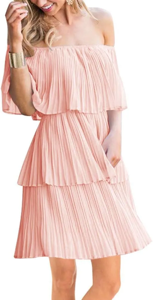 SAUKOLE Women's Casual Off The Shoulder Sleeveless Tiered Ruffle Pleated Short Party Beach Dress