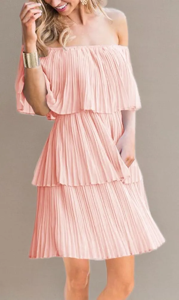 SAUKOLE Women's Casual Off The Shoulder Sleeveless Tiered Ruffle Pleated Short Party Beach Dress