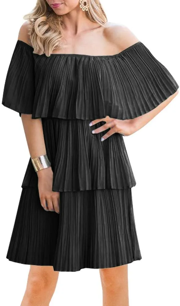 SAUKOLE Women's Casual Off The Shoulder Sleeveless Tiered Ruffle Pleated Short Party Beach Dress