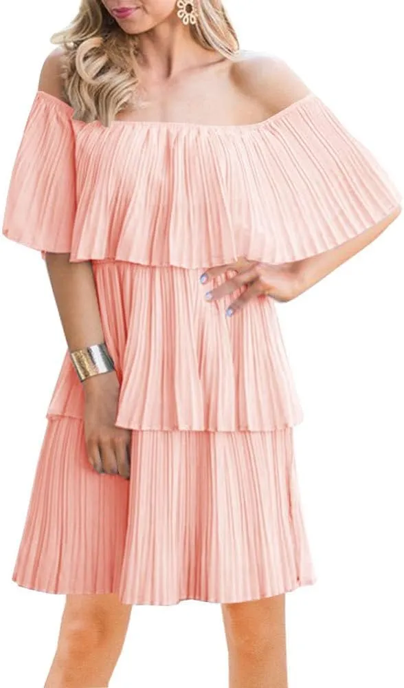 SAUKOLE Women's Casual Off The Shoulder Sleeveless Tiered Ruffle Pleated Short Party Beach Dress