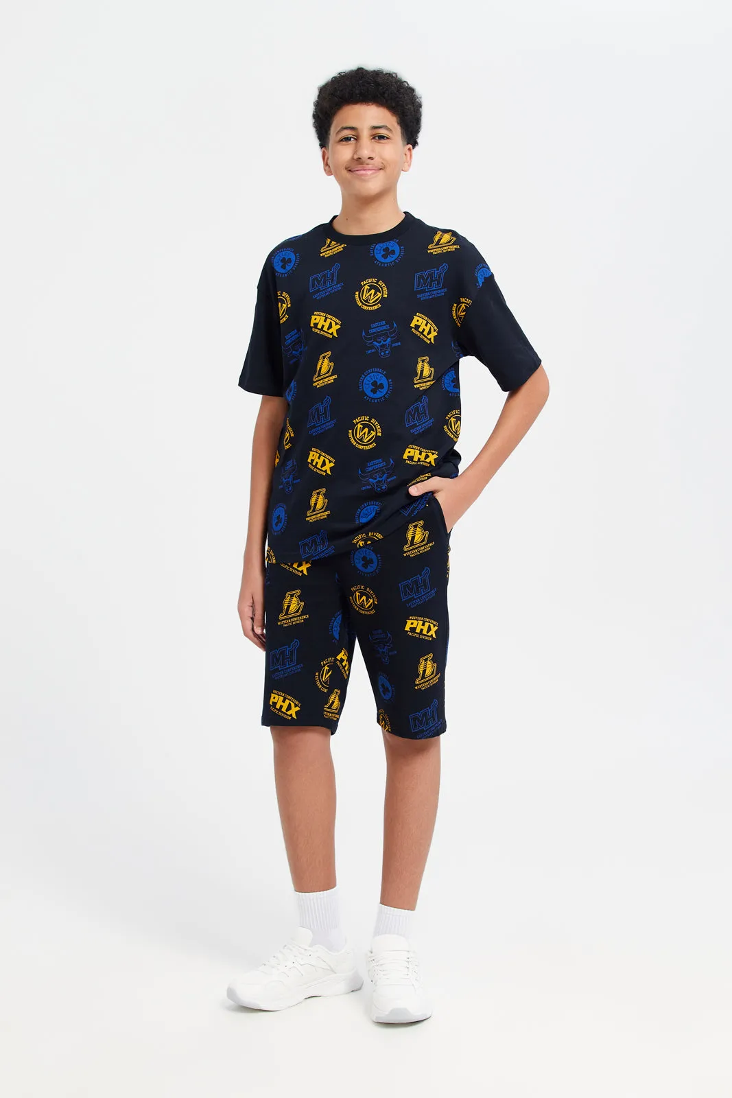Senior Boys Black Golden State Warriors Printed Shorts