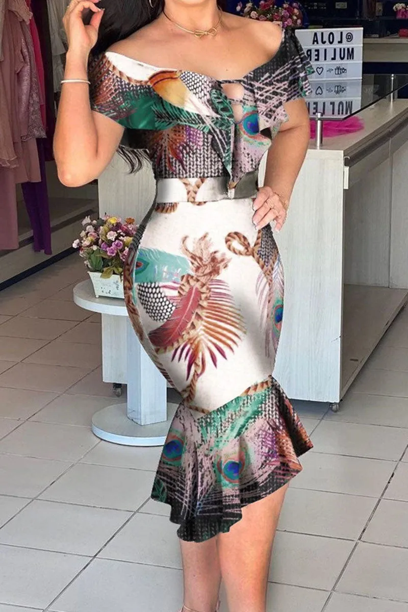 Sexy Print Patchwork Flounce Off the Shoulder Irregular Dress Dresses