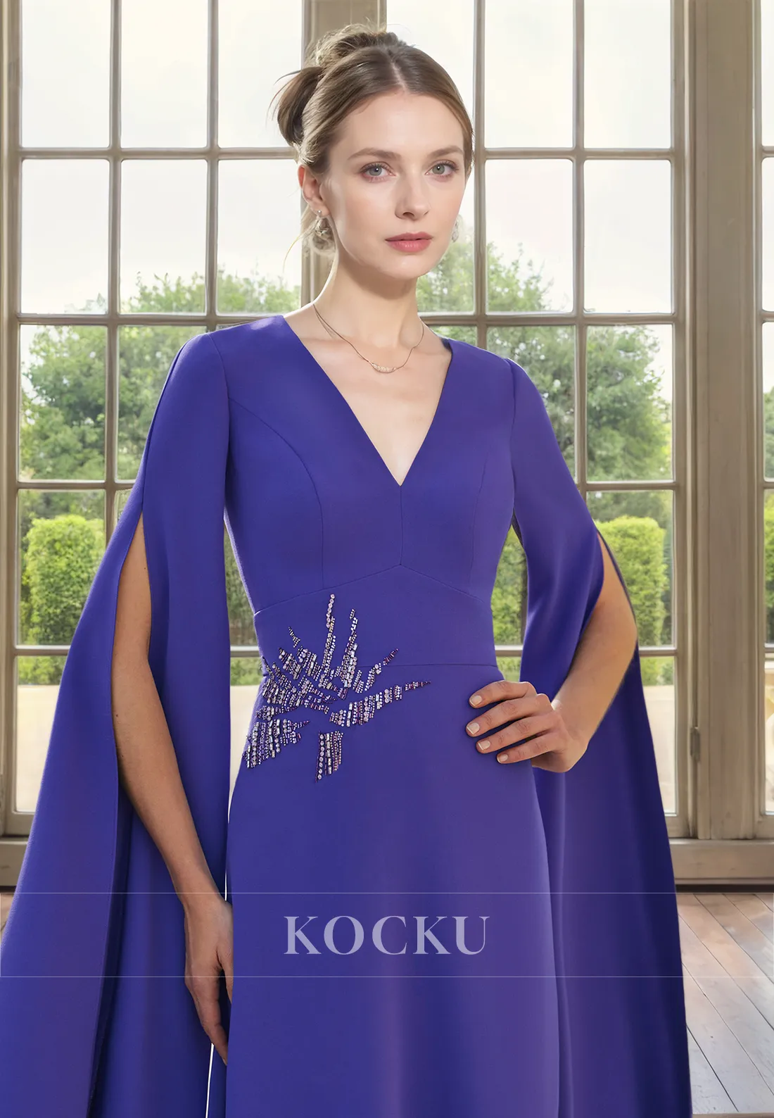 Simple & Casual V-Neck Long sleeves A-Line Embroidery Cocktail Mother of the Bride Dress