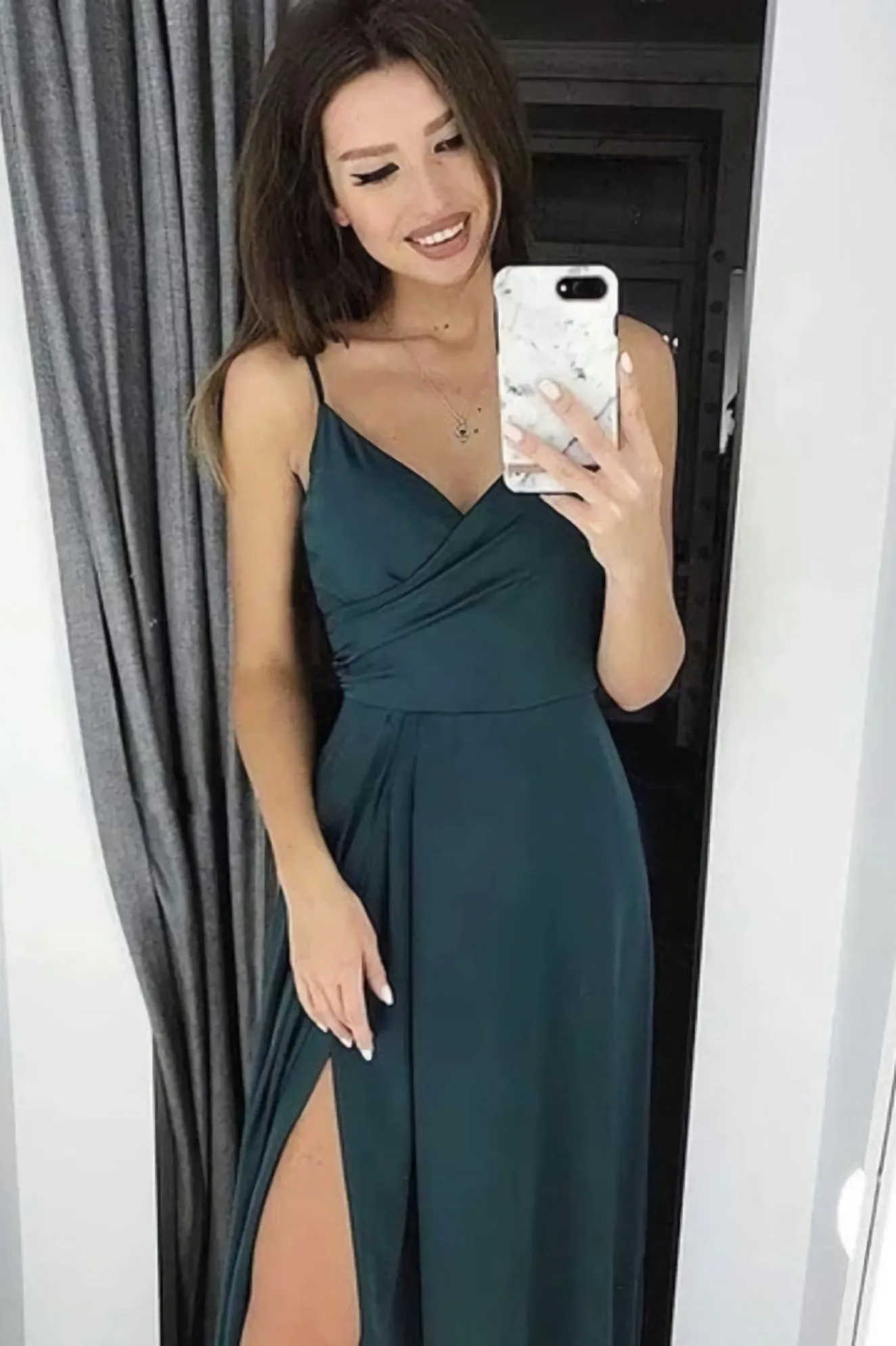 Simple Evening Gown Spaghetti Straps Satin Prom Dress With Split
