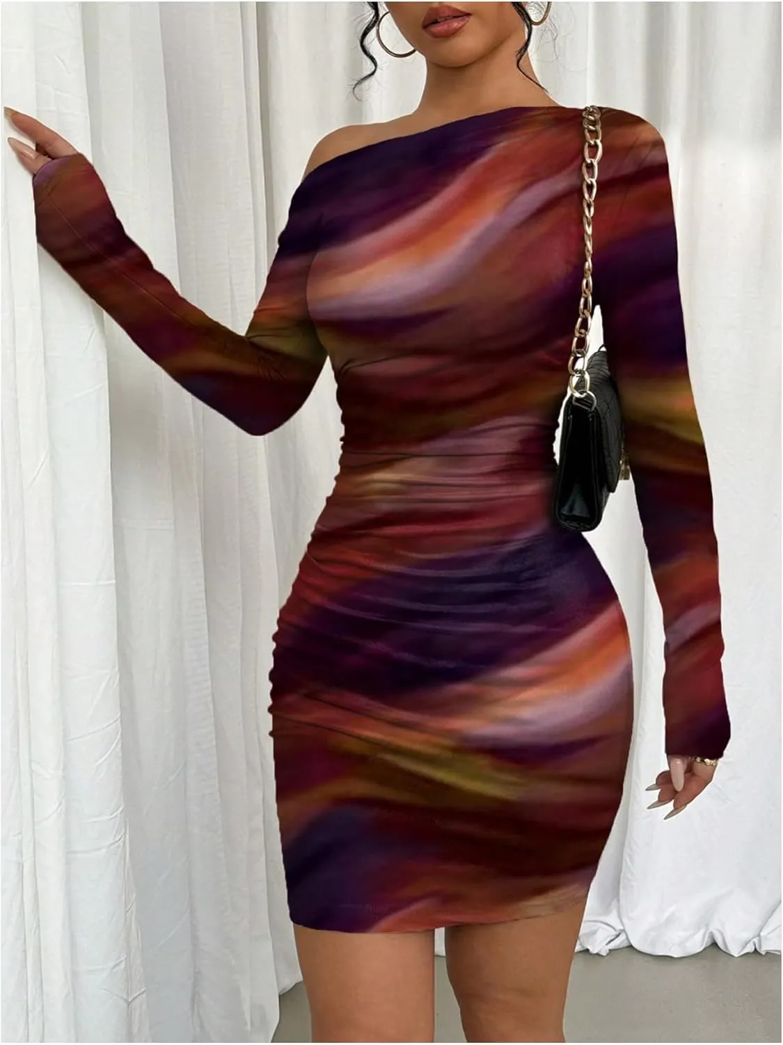 SOLY HUX Women's Sexy Off The Shoulder Bodycon Mini Dress Tie Dye Long Sleeve Ruched Asymmetrical Club Dresses