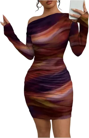 SOLY HUX Women's Sexy Off The Shoulder Bodycon Mini Dress Tie Dye Long Sleeve Ruched Asymmetrical Club Dresses