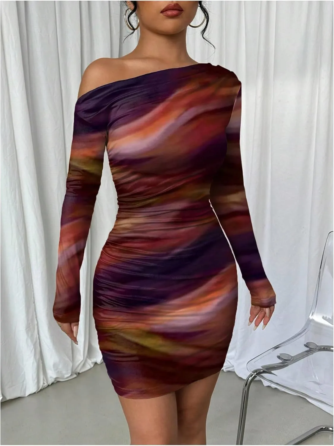 SOLY HUX Women's Sexy Off The Shoulder Bodycon Mini Dress Tie Dye Long Sleeve Ruched Asymmetrical Club Dresses