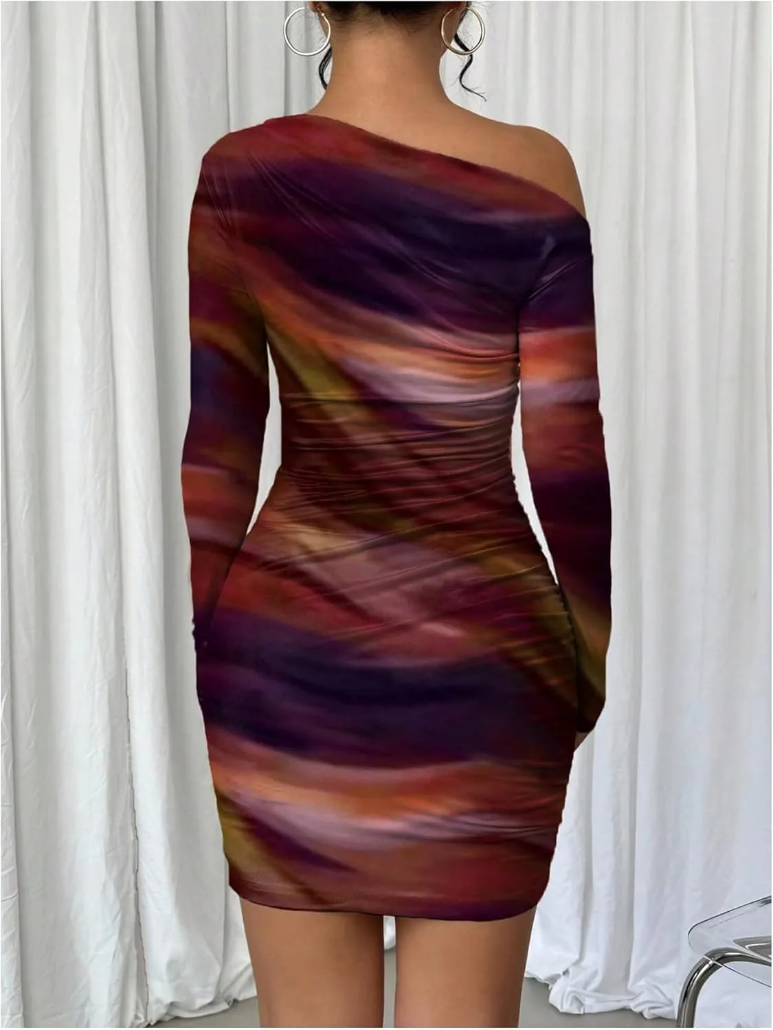 SOLY HUX Women's Sexy Off The Shoulder Bodycon Mini Dress Tie Dye Long Sleeve Ruched Asymmetrical Club Dresses