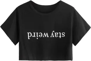 SweatyRocks Women's Summer Letter Print Crop Top T-Shirts Casual Short Sleeve Cropped Tee