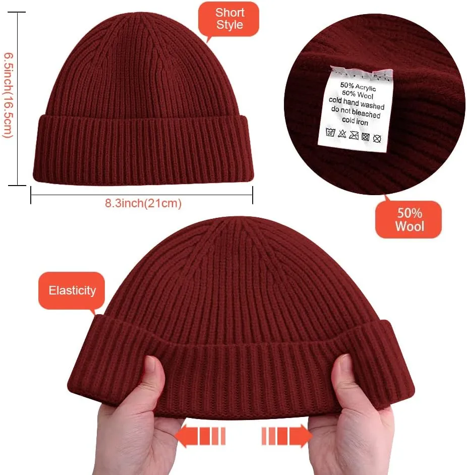 vidsel Short Fisherman Beanie for Men Women, Swag Wool Knit Cuff Trawler Skullcap,Winter Warm Hats