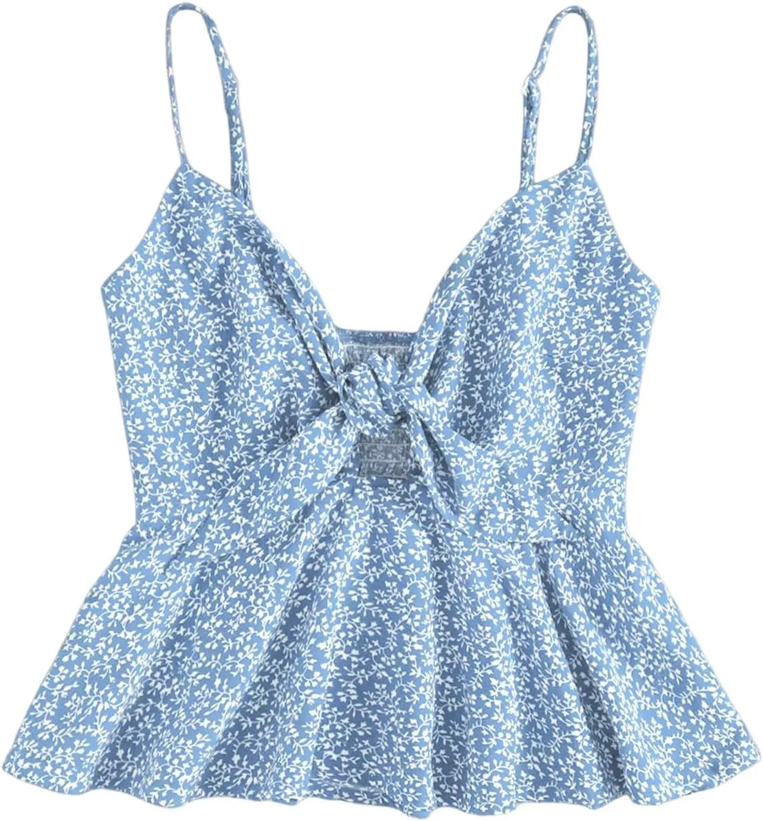 WDIRARA Women's Floral Print Twist Front Cami Tops Boho Smocked Sleeveless Peplum Top