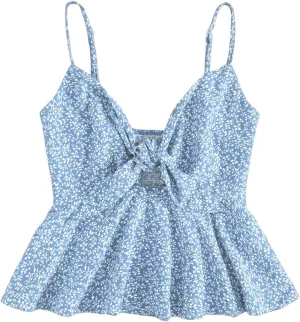 WDIRARA Women's Floral Print Twist Front Cami Tops Boho Smocked Sleeveless Peplum Top
