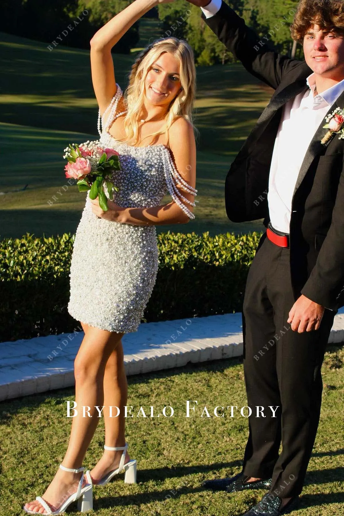 White Pearls Off Shoulder Mini Homecoming Prom Dress