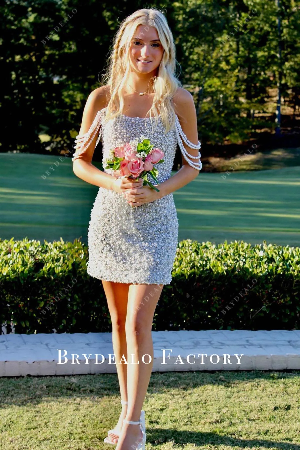 White Pearls Off Shoulder Mini Homecoming Prom Dress