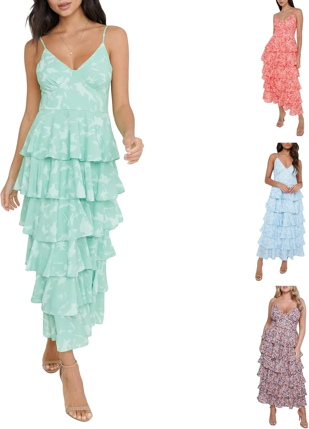 Women 2023 Floral Long Dress Tiered Ruffles Sleeveless Cami Dress Summer Casual Beach Party Midi Dress Streetwear