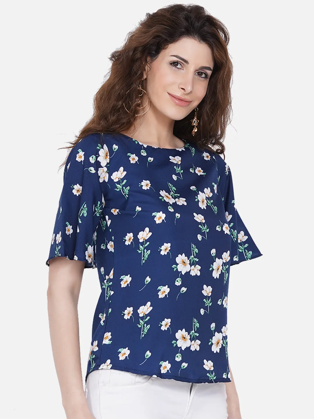 Women Blue Floral Print Crepe Top