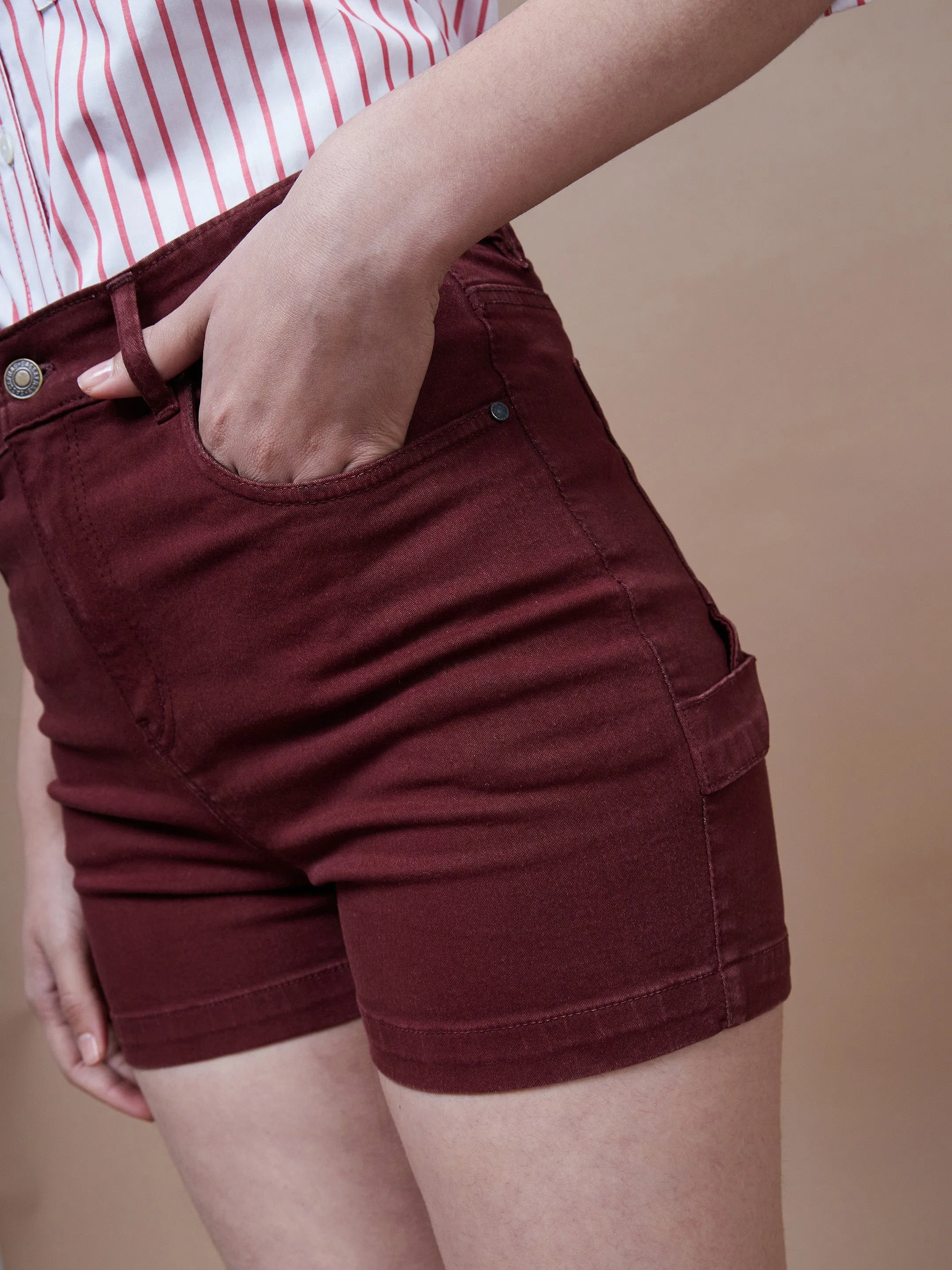 Women Burgundy Denim Shorts