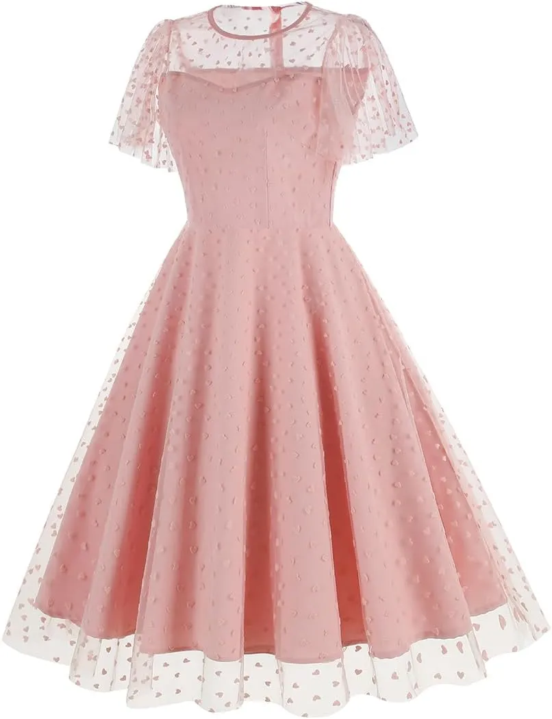 Women Floral Embroidery Dress Sheer Mesh Ruffle Sleeve Illusion Vintage Cocktail Swing Dress Tulle Dinner Dress
