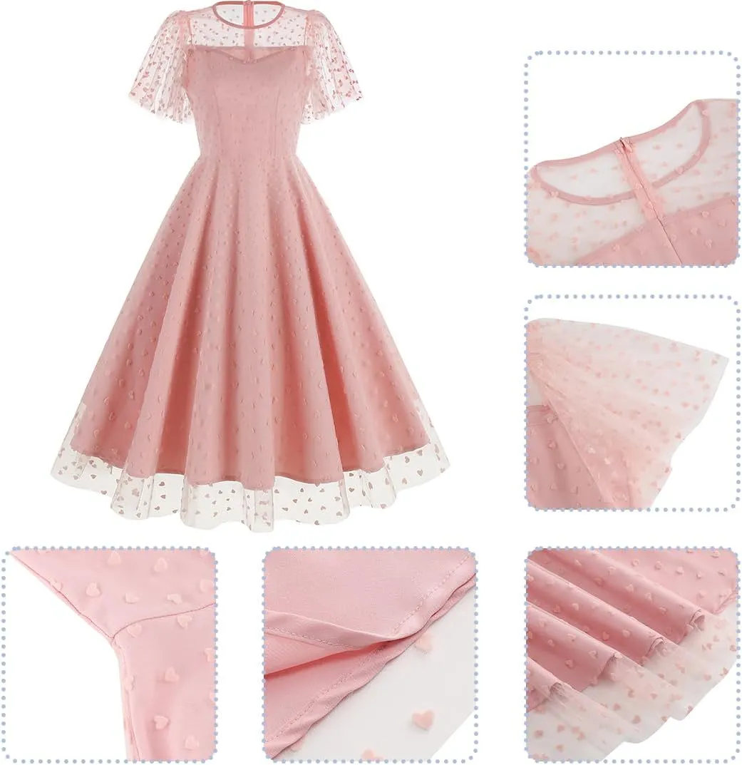 Women Floral Embroidery Dress Sheer Mesh Ruffle Sleeve Illusion Vintage Cocktail Swing Dress Tulle Dinner Dress