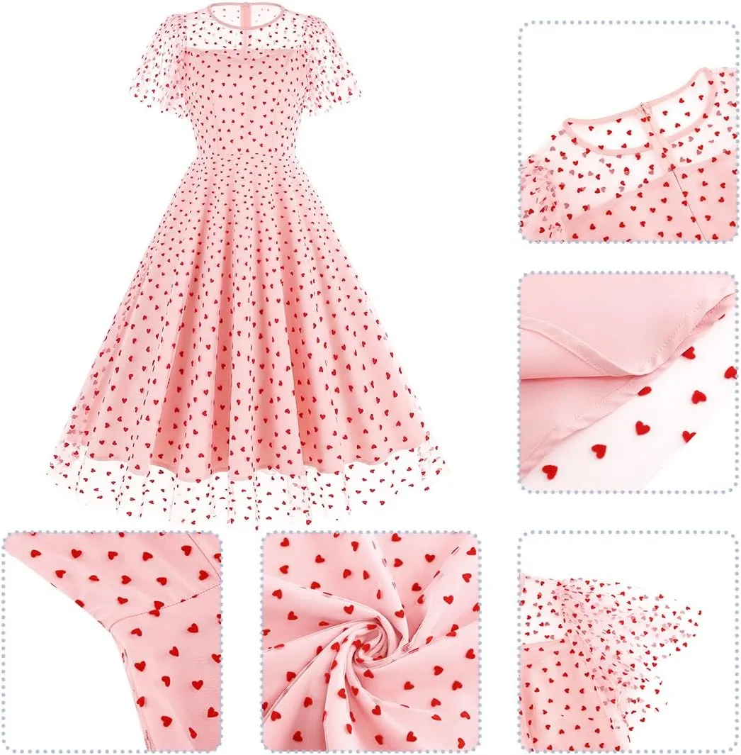 Women Floral Embroidery Dress Sheer Mesh Ruffle Sleeve Illusion Vintage Cocktail Swing Dress Tulle Dinner Dress