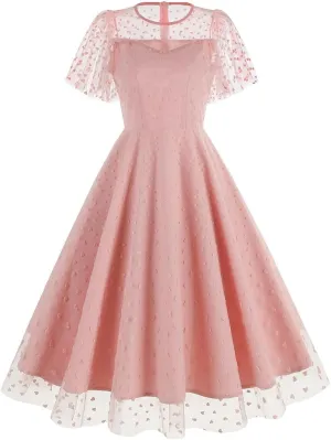 Women Floral Embroidery Dress Sheer Mesh Ruffle Sleeve Illusion Vintage Cocktail Swing Dress Tulle Dinner Dress