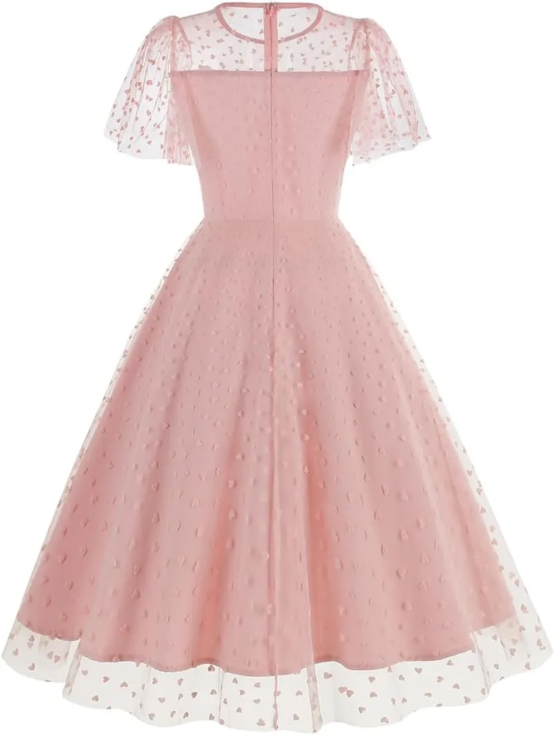 Women Floral Embroidery Dress Sheer Mesh Ruffle Sleeve Illusion Vintage Cocktail Swing Dress Tulle Dinner Dress