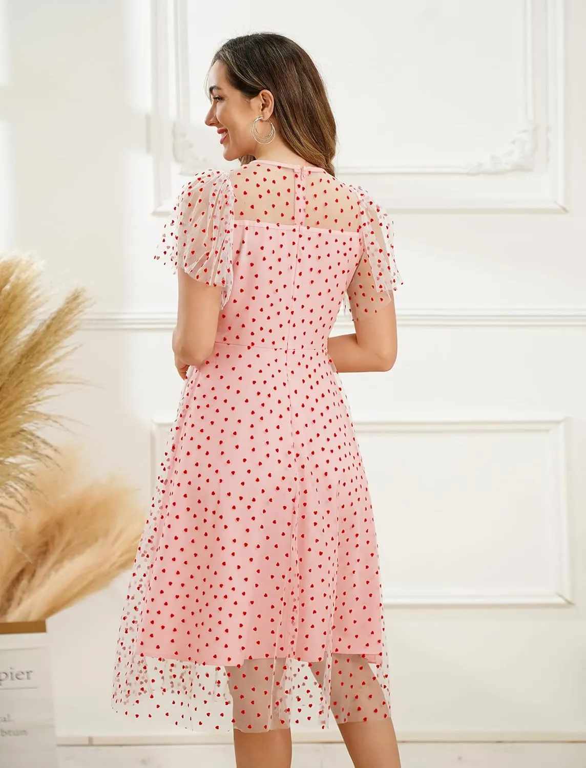 Women Floral Embroidery Dress Sheer Mesh Ruffle Sleeve Illusion Vintage Cocktail Swing Dress Tulle Dinner Dress