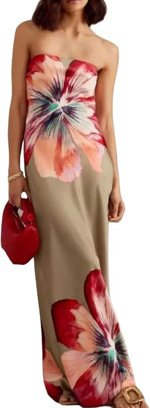 Women Floral Strapless Maxi Dress Elegant Sleeveless Tube Long Wedding Guest Dress Y2k Party Cocktail Long Dress