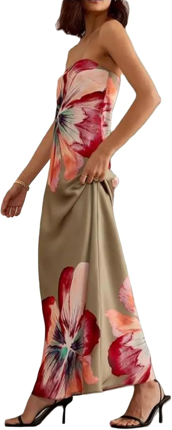 Women Floral Strapless Maxi Dress Elegant Sleeveless Tube Long Wedding Guest Dress Y2k Party Cocktail Long Dress