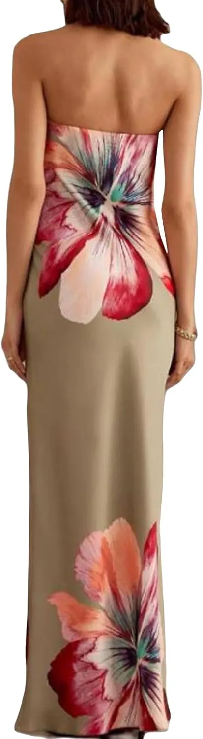 Women Floral Strapless Maxi Dress Elegant Sleeveless Tube Long Wedding Guest Dress Y2k Party Cocktail Long Dress