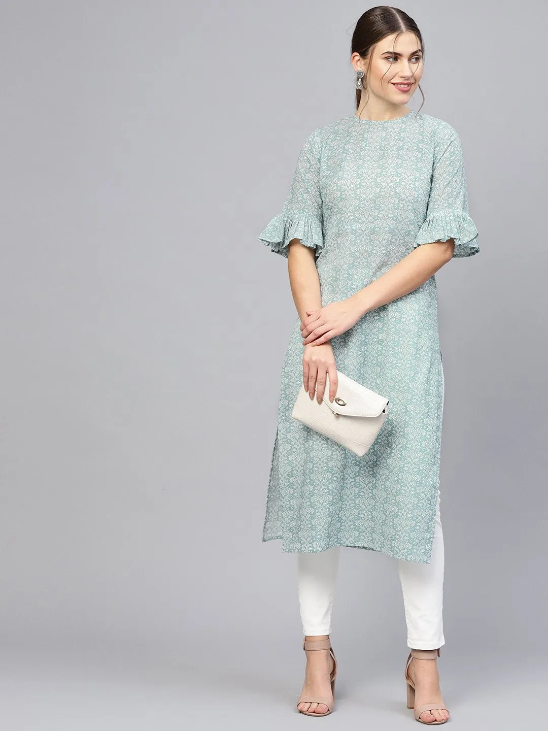 Women Grey & White Printed Straight Kurta