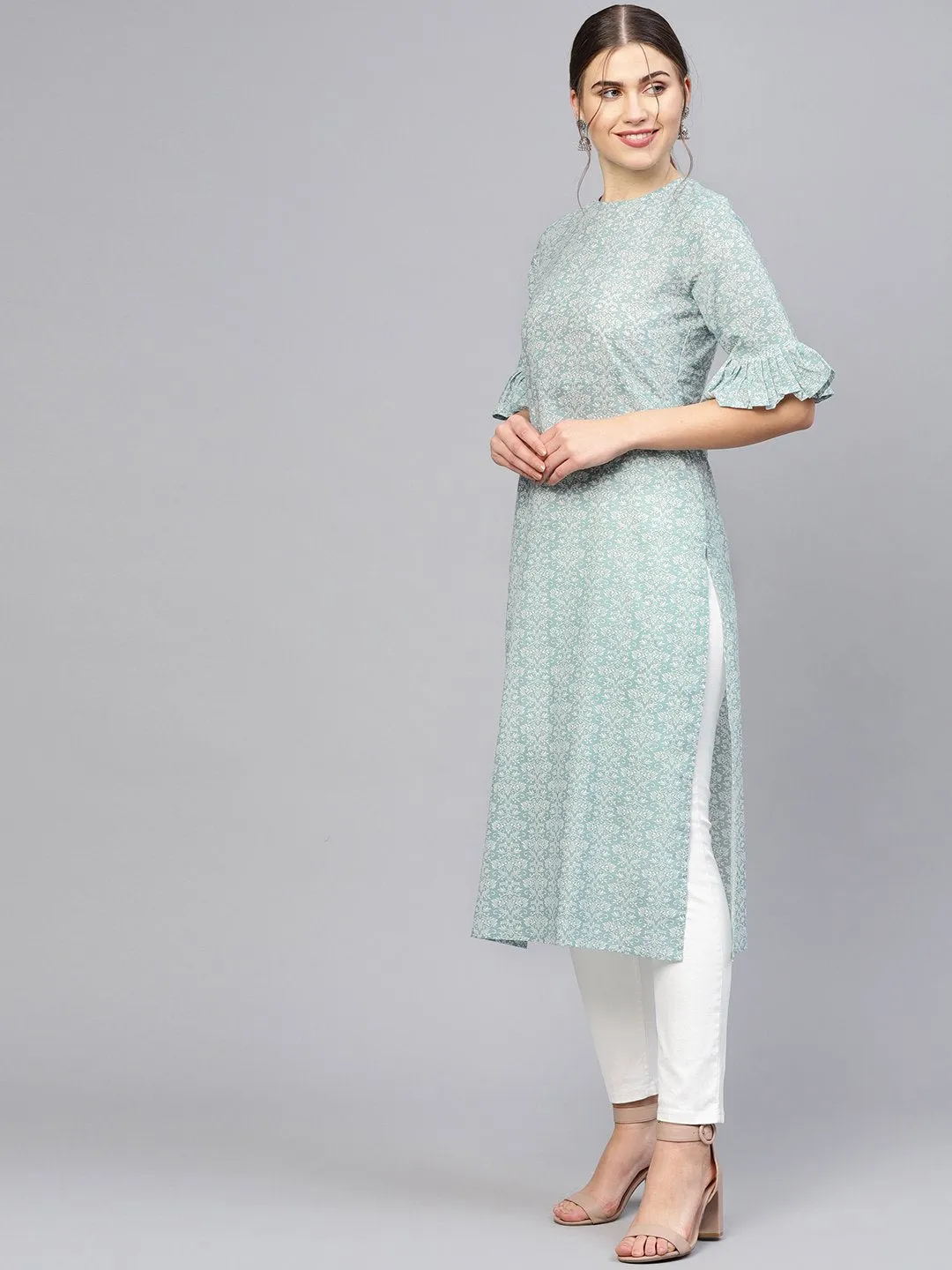 Women Grey & White Printed Straight Kurta