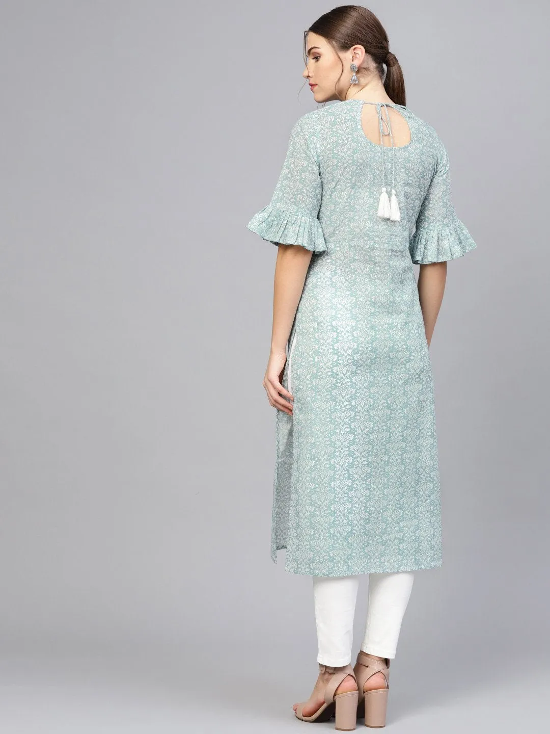Women Grey & White Printed Straight Kurta