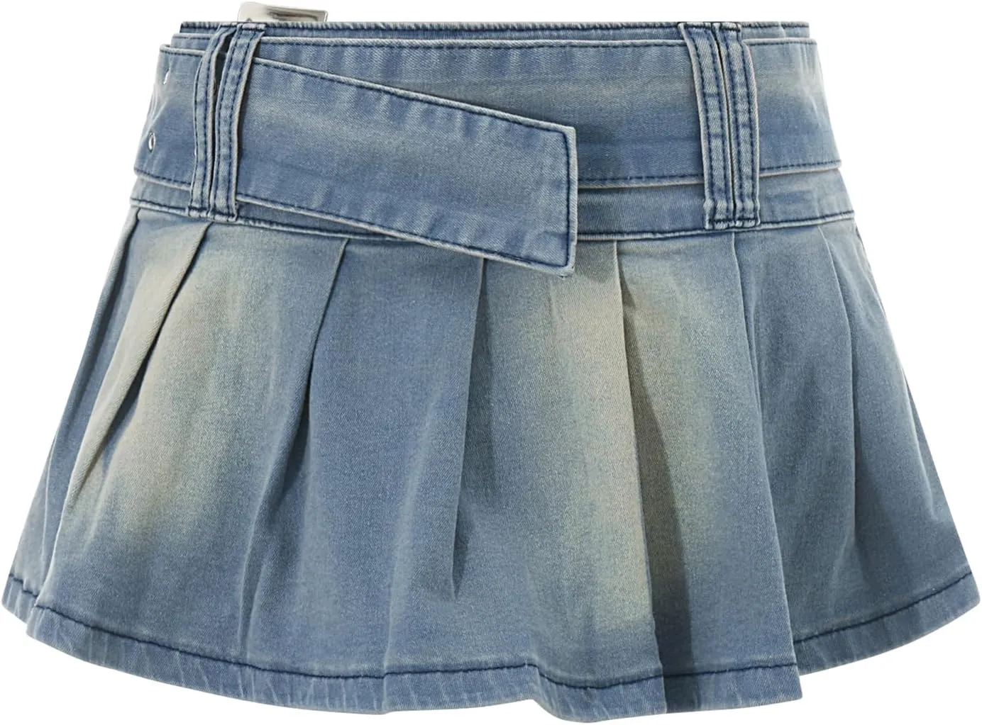 Women Y2K Pleated Jean Skirt Casual Low Waist Ruffle A Line Flare Denim Mini Skirt Summer Going Out Streetwear