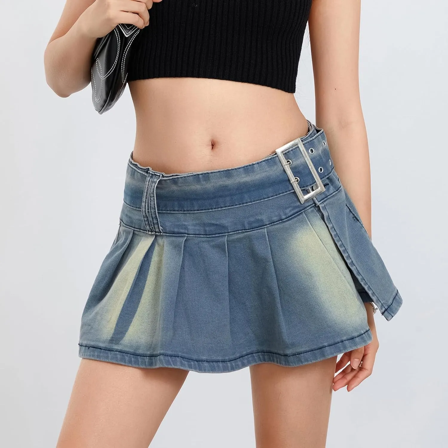 Women Y2K Pleated Jean Skirt Casual Low Waist Ruffle A Line Flare Denim Mini Skirt Summer Going Out Streetwear