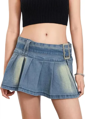 Women Y2K Pleated Jean Skirt Casual Low Waist Ruffle A Line Flare Denim Mini Skirt Summer Going Out Streetwear