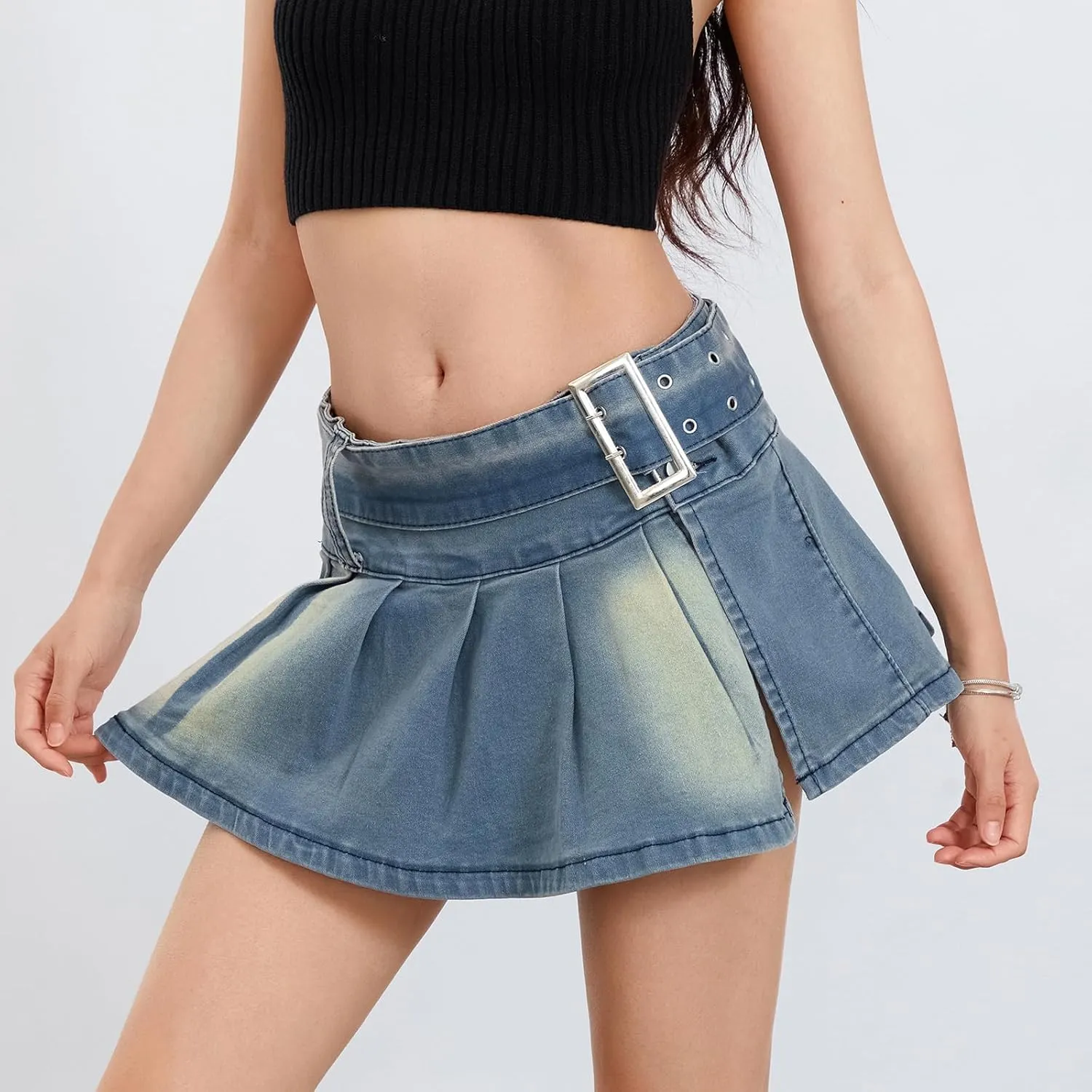 Women Y2K Pleated Jean Skirt Casual Low Waist Ruffle A Line Flare Denim Mini Skirt Summer Going Out Streetwear