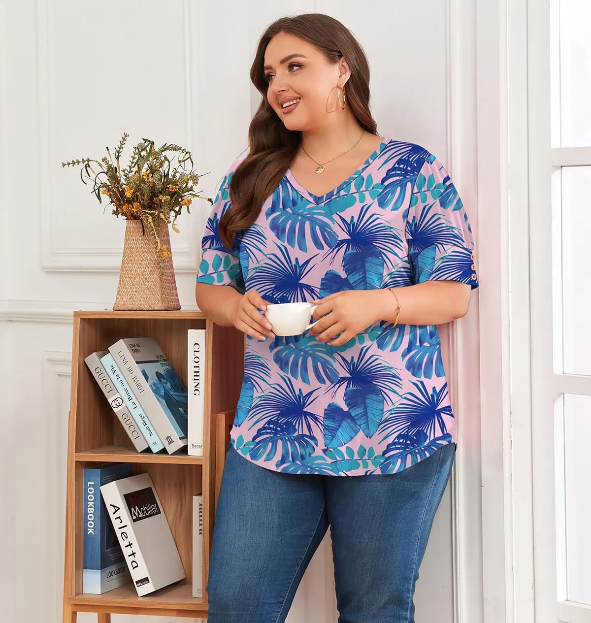 Women's Button Plus Size Tops Pleated Puff Sleeve V Neck Blouses Summer Casual Tunic T Shirt