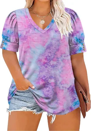 Women's Button Plus Size Tops Pleated Puff Sleeve V Neck Blouses Summer Casual Tunic T Shirt