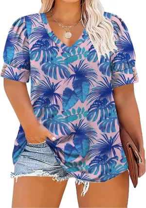 Women's Button Plus Size Tops Pleated Puff Sleeve V Neck Blouses Summer Casual Tunic T Shirt