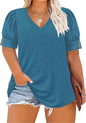 Women's Button Plus Size Tops Pleated Puff Sleeve V Neck Blouses Summer Casual Tunic T Shirt