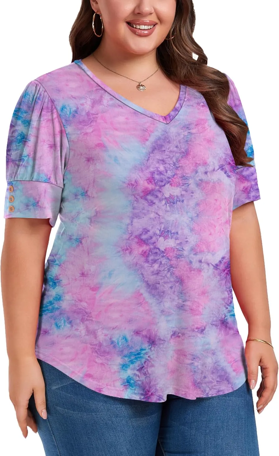 Women's Button Plus Size Tops Pleated Puff Sleeve V Neck Blouses Summer Casual Tunic T Shirt