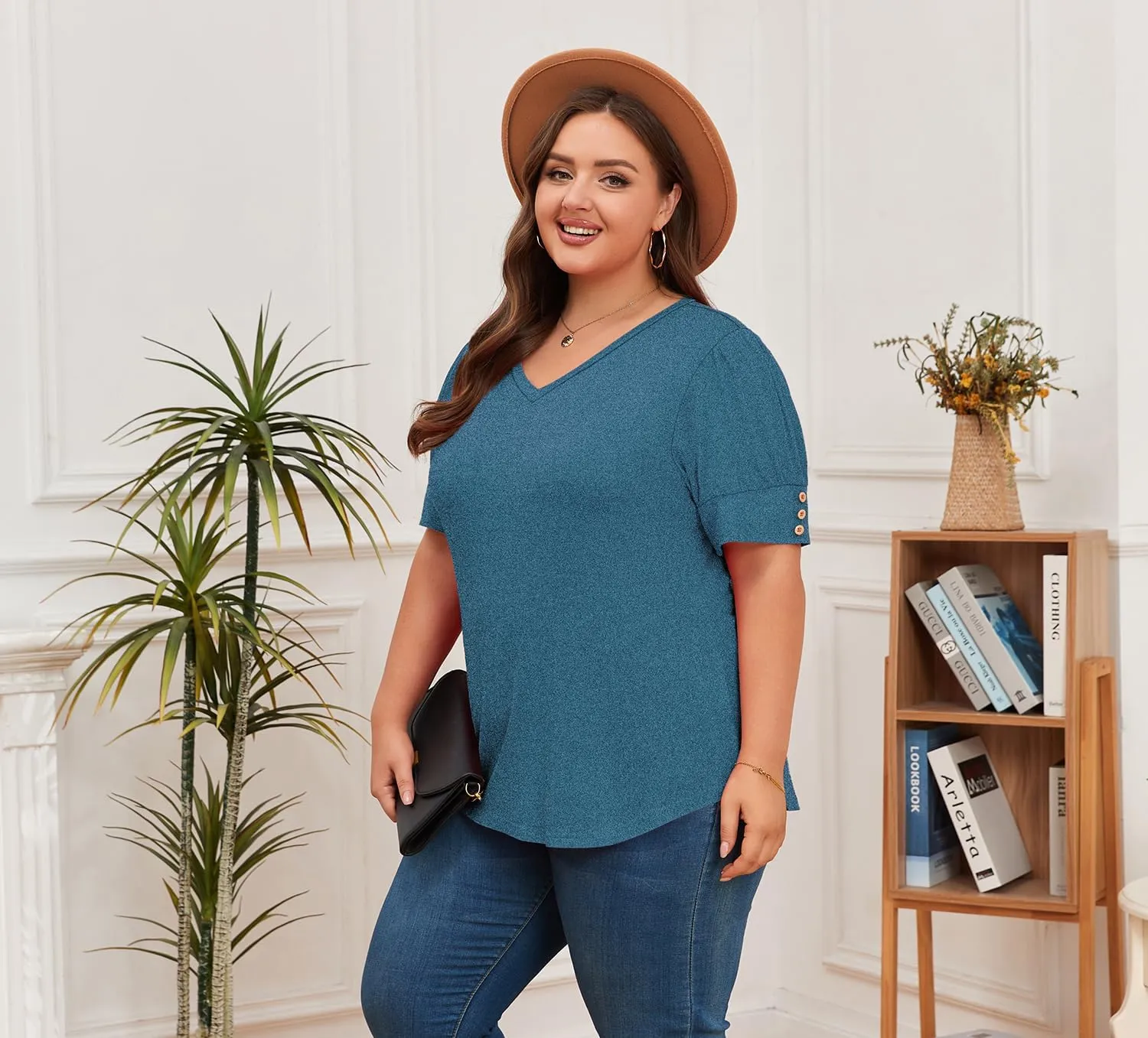 Women's Button Plus Size Tops Pleated Puff Sleeve V Neck Blouses Summer Casual Tunic T Shirt