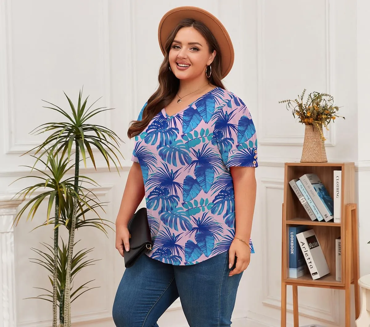 Women's Button Plus Size Tops Pleated Puff Sleeve V Neck Blouses Summer Casual Tunic T Shirt