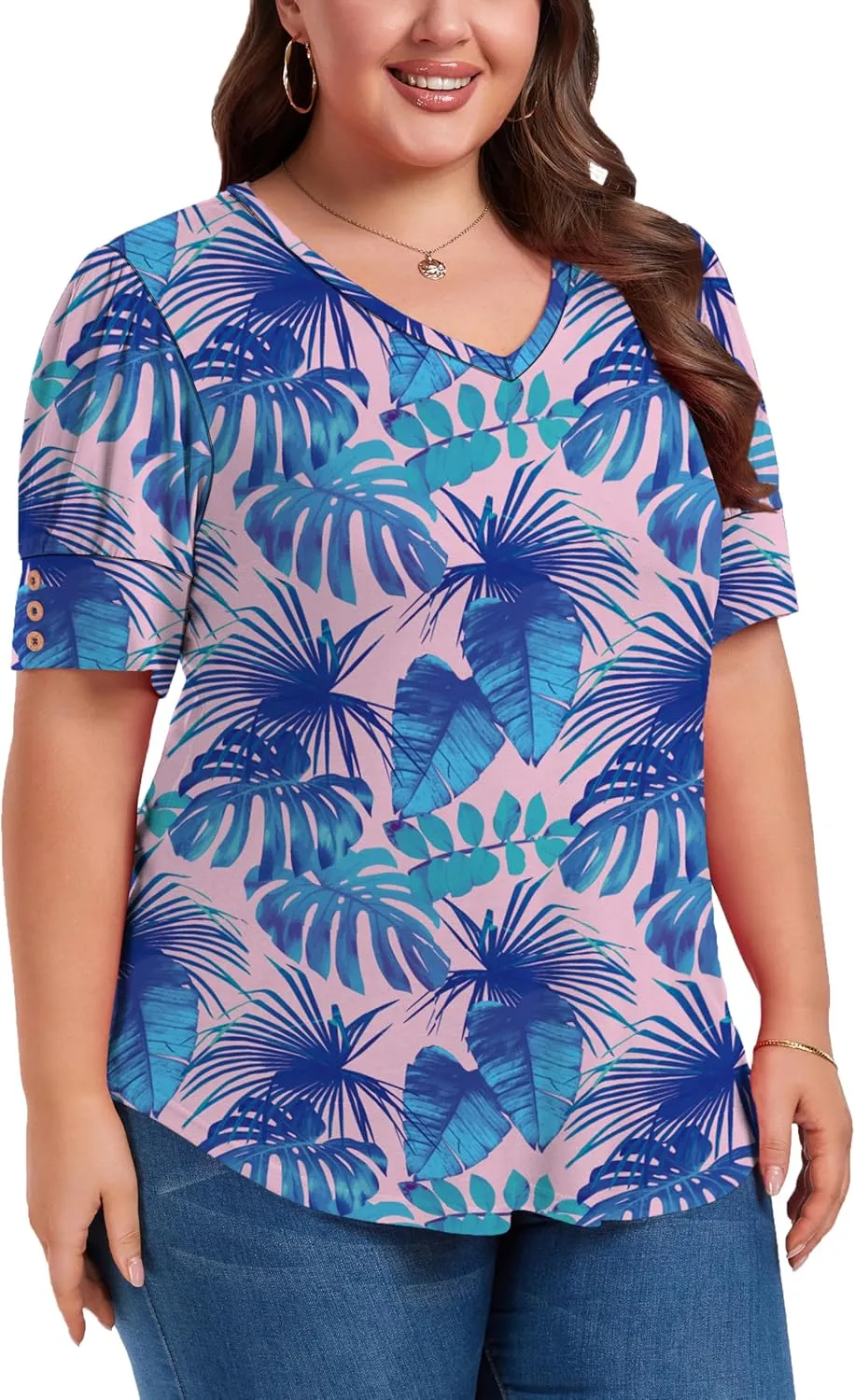 Women's Button Plus Size Tops Pleated Puff Sleeve V Neck Blouses Summer Casual Tunic T Shirt